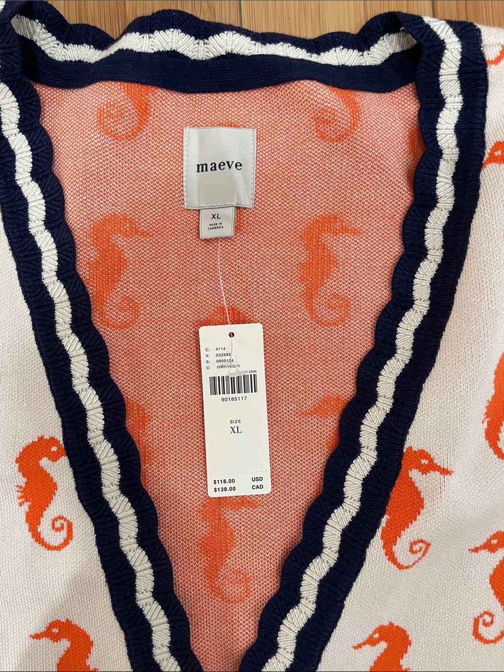 Maeve Orange Seahorse Short Sleeve Cardigan with Navy Trim - Picture 2 of 5